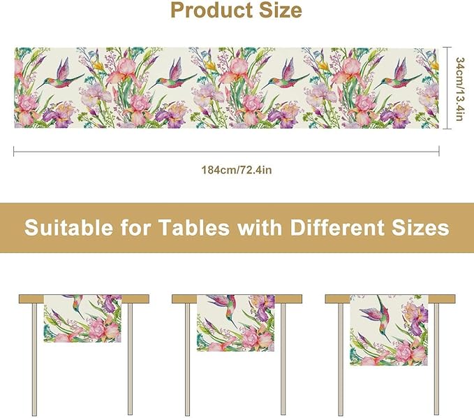 Hummingbird Table Runner,Pink Floral Country Style Table Runner for Kitchen Dining Table Home Party Decoration 13x108 Inch