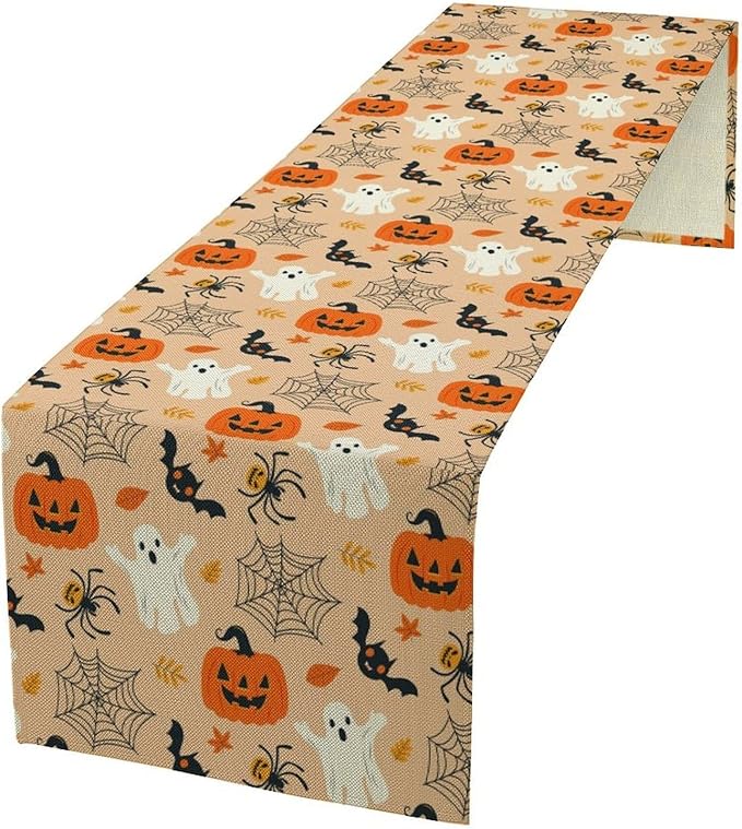 Halloween Table Runner,Cute Ghost Pumpkin Leaves Table Runner for Kitchen Dining Table Decoration Home Party Decor 13x60 Inch