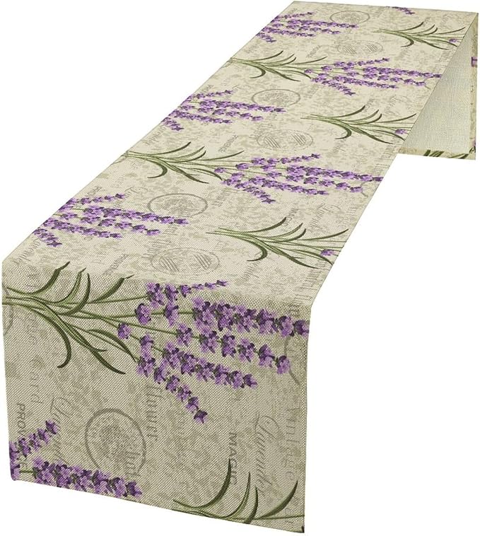 Floral Lavender Table Runner,Vintage Rustic Country Romantic Purple Flower Pattern Print Burlap for Hotel Indoors Outdoor Dining Room Kitchen Home Decor, 13x70in