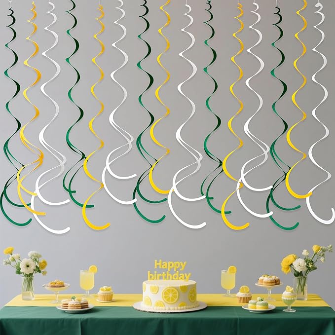 36 Pcs Green Yellow White Hanging Swirl Decorations Felt Swirl Streamer Spiral Ceiling Garland Banner for Graduation Birthday Wedding Retirement Baby Shower Spring Summer Garden Party Decor Supplies