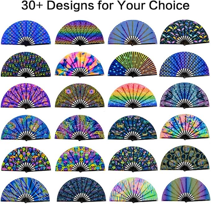 UV Glow Rave Fan, Bamboo Folding Clack Hand Fan for Men Women (Glitter Rainbow, Large 13")