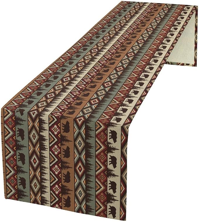 Retro Cabin Table Runner Rustic Bear Forest Farmhouse Lodge Jungle Table Runner for Dinner Party Living Room Kitchen Aztec Vintage 13x90 Inch