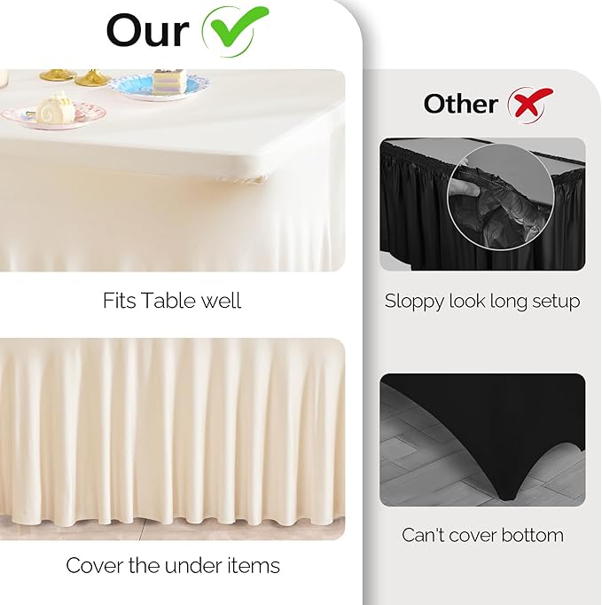 Wish Care 6 Pack Ivory Spandex Table Clothes for 6Foot Rectangle Tables, 6FT Wrinkle Free Fitted Tablecloths Ruffles Design Table Cover for Party, Banquet, Wedding and Events