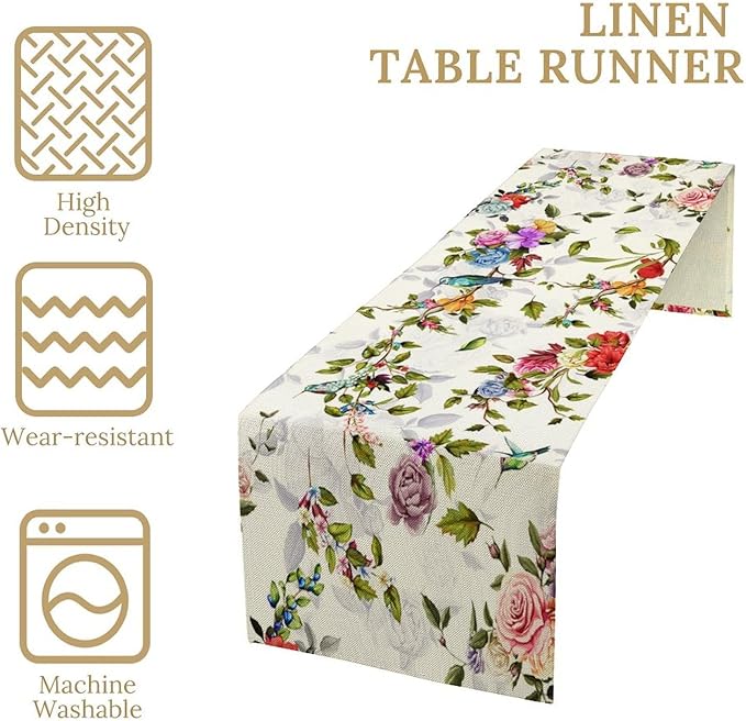 Vintage Bird Flower Table Runner Seasonal Spring Summer Garden Plants Farmhouse Country Kitchen Dinner Runner Dining Table Decoration for Home Party Holiday 13"x70"