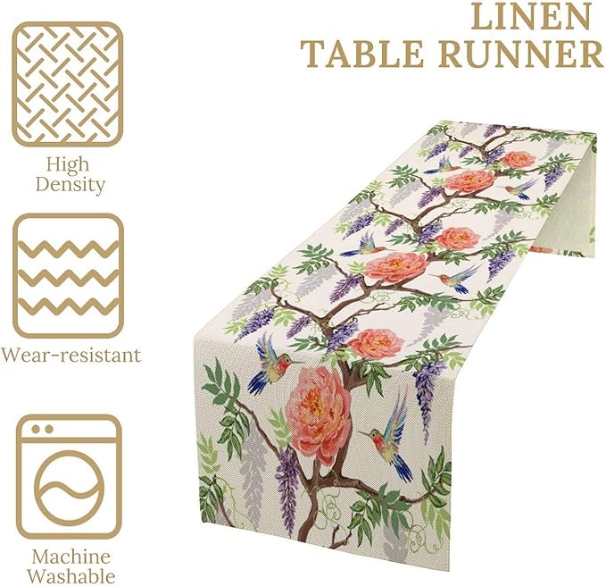 Vintage Bird Flower Table Runner Seasonal Spring Purple Wisteria Garden Plants Lavender Pink Florals Farmhouse Country Kitchen Dinner Runner Dining Table Decoration for Home Party Holiday 13"x36"