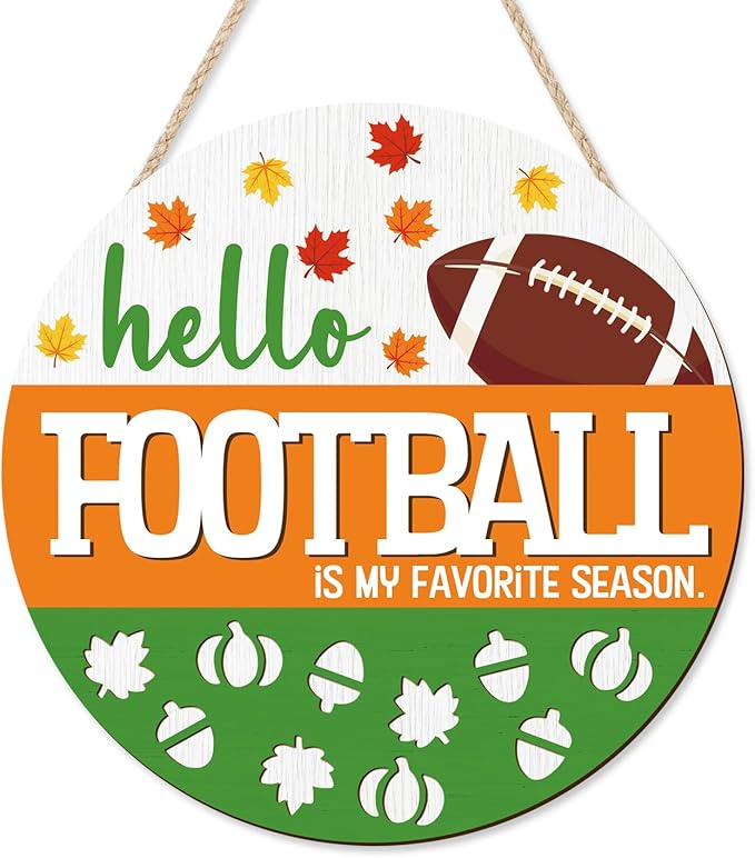 CHDITB Hello Football is My Favorite Season Front Door Sign Wreath(12"x12"), Wooden 3D Fall Decoration Wall Hanging, Farmhouse Rugby Autumn Harvest Maple Leaves Decor Hanger for Front Porch Outdoor