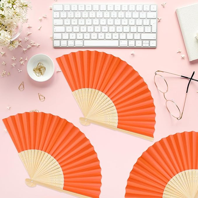 12 Pieces Orange Hand Held Bamboo Folding Fans Paper Fans Handheld for Women Foldable Girls Wedding DIY Decoration Church Home Party Favors Summer
