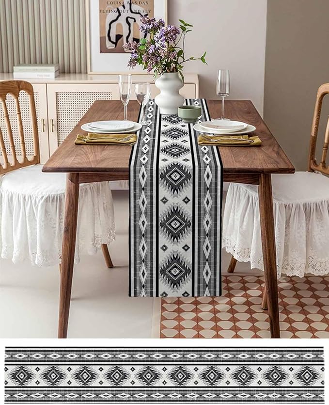 Aztec Southwest Cotton Linen Table Runner for Dining Kitchen, Wedding Outdoor Party Tablerunners Decoration, Boho Ethnic Tribes Vintage Grey Dresser Scarf Coffee Tablecloth Runners 13x120 Inches