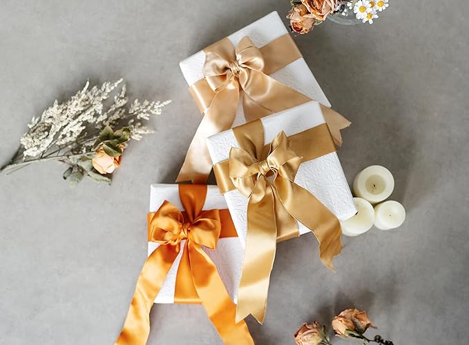 Gold Satin Ribbon Double-Faced Wired Ribbons for Gift Wrapping Flower Bouquet Bows Wedding Invitation Christmas Decor Crafts 1-1/2 Inch 10 Yards