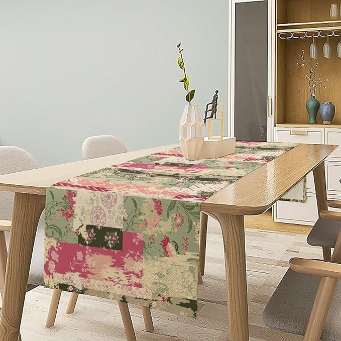 Patchwork Flower Table Runner,Abstract Colorful Floral Retro Style Hand Drawn Tablecloth Burlap for Hotel Indoors Outdoor Dining Room Kitchen Home Decor,W13X L60 in