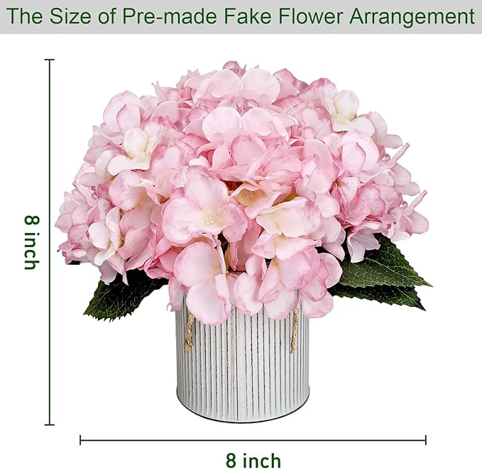 Flower Table Centerpieces - Set of 6 Floral Arrangement Artificial Wedding Hydrangeas Floral Arrangement with Rustic Metal Vase for Bridal Tea Party Event Decorations - Pink