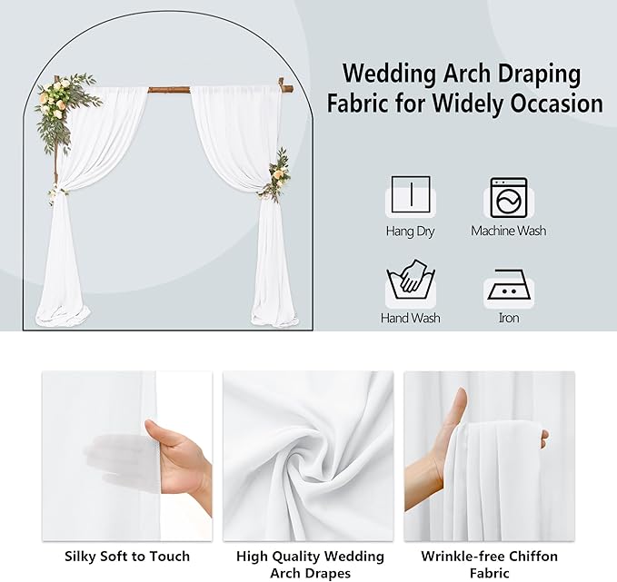 8 Panels Wedding Arch Draping Fabric 28" x 20Ft Wedding Arch Drapes Chiffon Fabric Drape Sheer Backdrop Curtain for Weddings Party Swag Ceremony Birthday Arbor Drapery Reception Ceiling Décor(White)