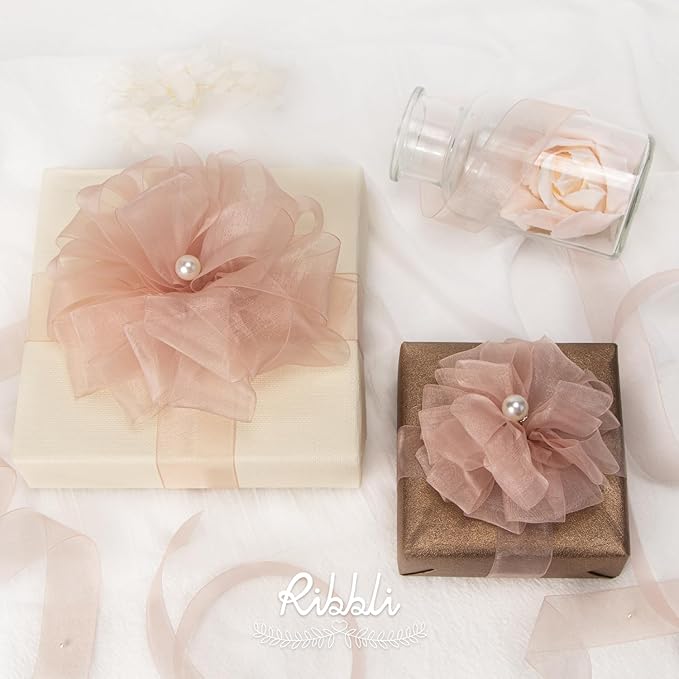 Ribbli Sweet Nectar Pink Organza Ribbon,1/2 Inches x Continuous 50 Yard,Rose Gold Sheer Ribbon for Gift Wrapping,Cookie Wrapping,Wedding Decoration,All Crafting and Sewing