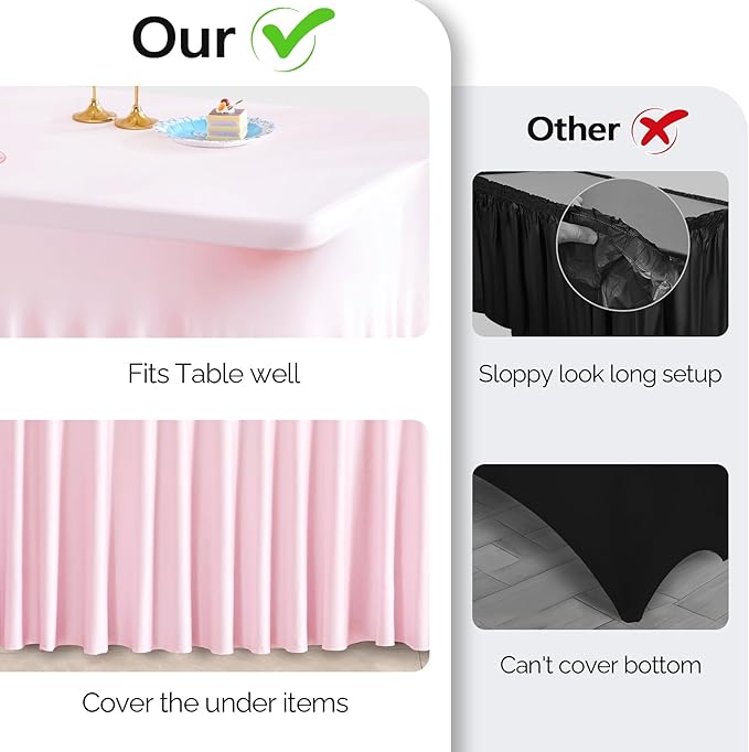 Wish Care 6 Pack Pink Spandex Table Clothes for 8 Foot Rectangle Tables, 8FT Wrinkle Free Fitted Tablecloths Ruffles Design Table Cover for Party, Banquet, Wedding and Events