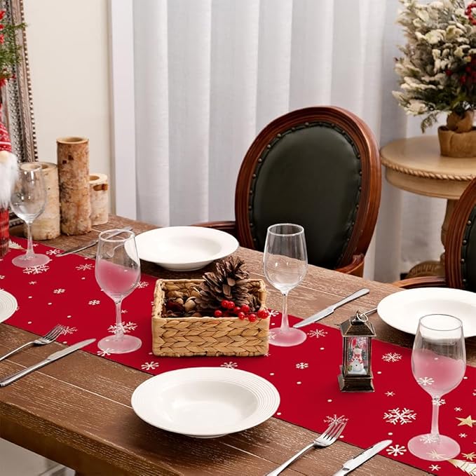 GEEORY Christmas Table Runner 13x36 Inch, Xmas Trees Snowflakes Holiday Decorative Farmhouse Table Decoration for Kitchen Dinning, Indoor Outdoor Dinner Party Decor (Red) GT150-36