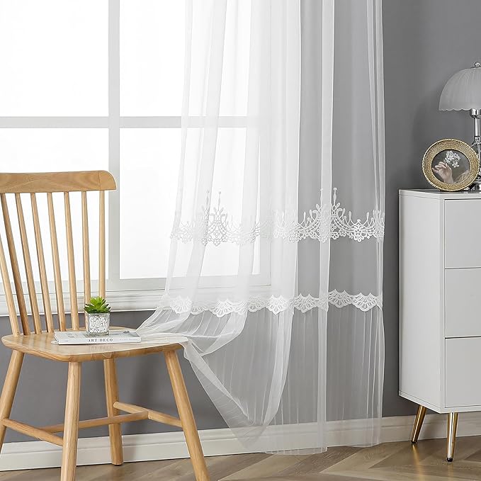 VISIONTEX White Sheer Voile Curtains, Decorative White Embossed European Rod Pocket Window Drapes for Home Kitchen, Living Room and Bedroom 54 x 95 Inch, Set of 2 Curtain Panels