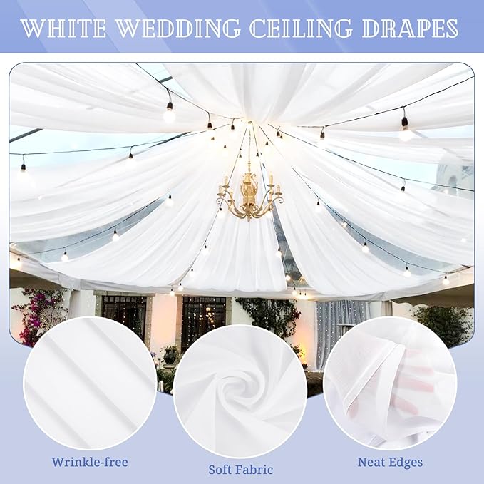 4 Panels White Ceiling Drapes for Wedding 5ftx30ft Sheer Drapery Chiffon Fabric Arch Draping Curtains for Party Ceremony Birthday Baby Shower Reception Stage Ceiling Decorations