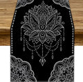 Lotus Flower Table Runner, Bohemian Ethnic Oriental Mandala Black White Floral Print Table Runner for Home Kitchen Dining Indoor Outdoor Dinner Party Decor, 13x90inch