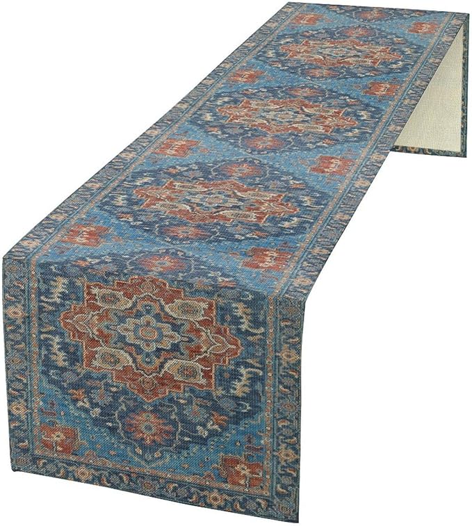 Boho Floral Vintage Table Runner, Retro Abstract Blue Flower Rustic Country Farmhouse Pattern for Home Kitchen Table Decor Dining Coffee Room Party Decor 13x36in