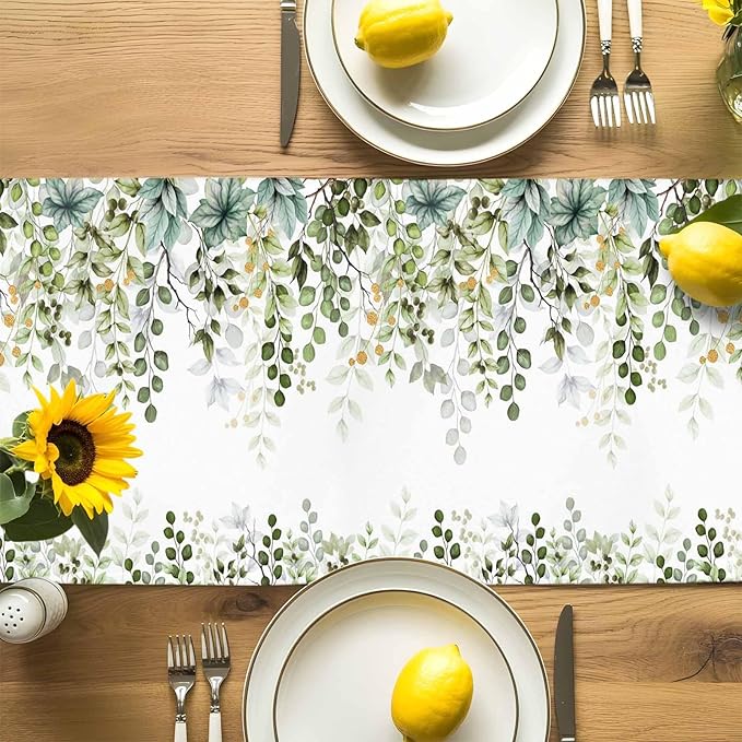 Sage Green Eucalyptus Cotton Linen Table Runner for Dining Kitchen, Farmhouse Leaves Wedding Outdoor Party Tablerunners Decoration Botanical Floral Dresser Scarf Coffee Tablecloth Runners 13x90 Inches