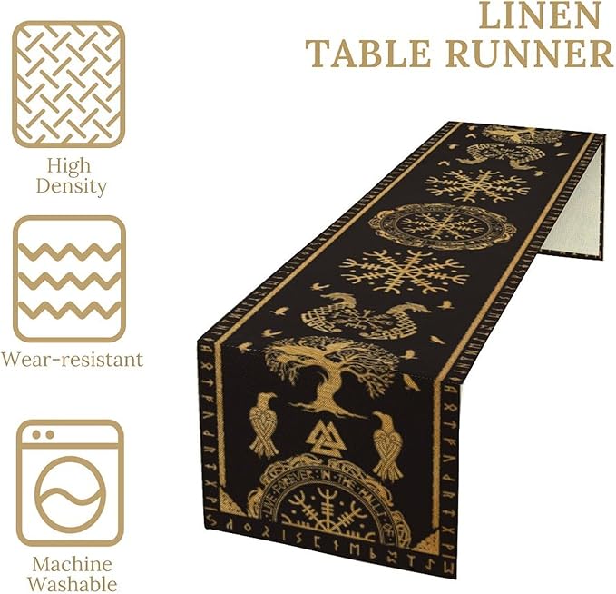 Viking Tree of Life Abstract Table Runner for Living Room Home Party Coffee Dining Party Wedding Golden Black Celtic Style Geometric Dragon Boat Rudder Ancient Script Table Runner 13x120 Inch