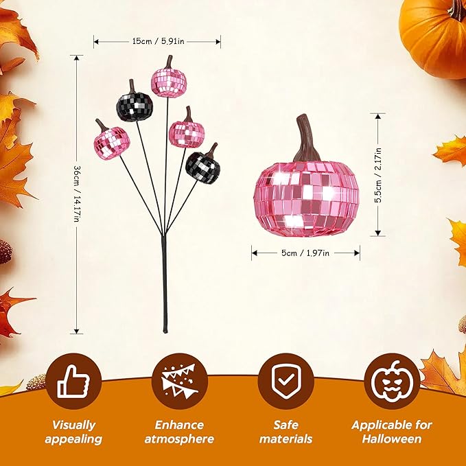 20Pcs Disco Halloween Decor, Disco Pumpkin Table Decoration, 14 Inch Artificial Glitter Mirror Pumpkin Sticks Ornament Halloween Branches for Table Centerpiece Party Decor