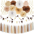 Boho Baby-Shower White-Brown Champagne Fall Party-Decorations - 33pcs Banner,Streamers Tassel Garland,Tissue Pom Poms Honeycomb,Paper Lantern Fan,Autumn,Bridal,Christmas,Birthday,Wedding Decor Hugtmr