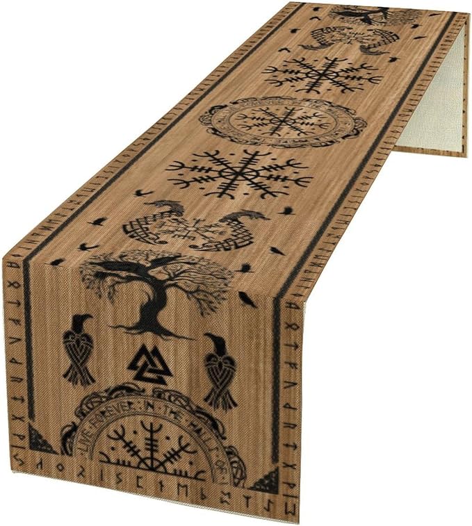 Viking Tree of Life Table Runner, Wooden Printed Eagle Dragon Boat Rudder Seasonal Kitchen Dining Table Decoration for Home Party 13x60 Inch