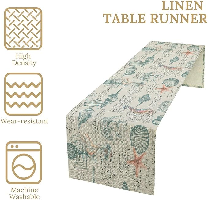 Starfish Table Runner,Seashells Beach Coastal Nautical Sailboat Jellyfish Vintage Hand Drawn Burlap for Hotel Indoors Outdoor Dining Room Kitchen Table Decor, 13x60in