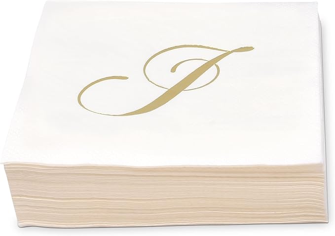Gift Boutique 100 Gold Foil Monogram J Cocktail Napkins Disposable Paper Hand Towels for Wedding Baby Shower Holiday Party Powder Room Decor