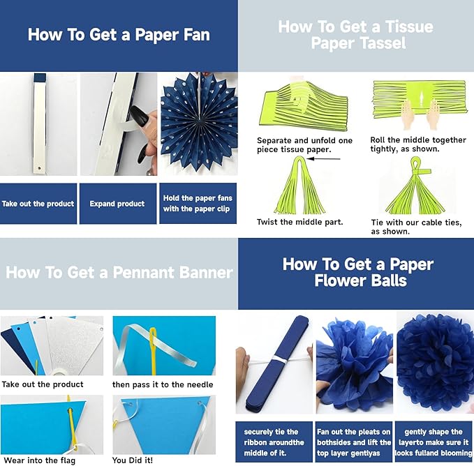 Navy-Blue White Silver Graduation Party-Decorations 33pcs Kits Banner, Paper Lantern Fans,Tissue Pom Poms Honeycomb, Streamers Tassel Garland,Bridal Shower Birthday Wedding Bachelorette Decor