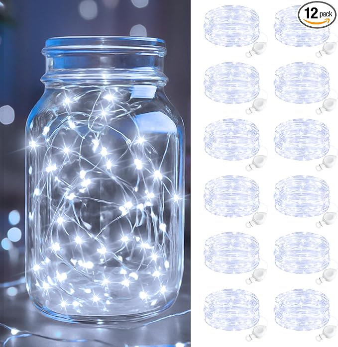 btfarm 12 Pack Fairy Lights Battery Operated, 7FT 20 LED Mini String Lights Waterproof Silver Wire for Mason Jars Centerpiece Table Crafts Bedroom Christmas Decoration, Cool White