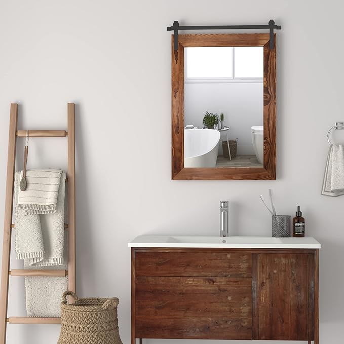 COGOOD Farmhouse Barn Door Mirror - 26" X 17" Rustic Wood Framed Wall Mirror for Bathroom, Living Room, Entryway Wall Decorative (Brown)