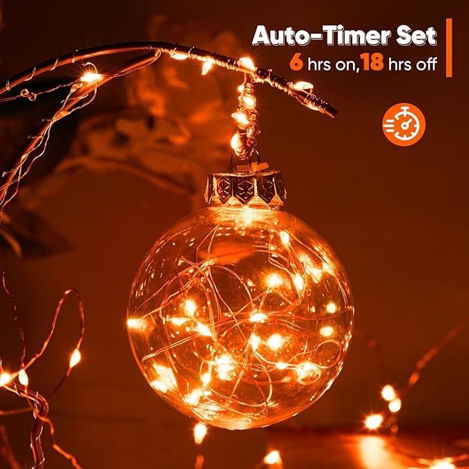 1 Pack 65.6 Ft. Battery Operated Outdoor String Lights with Remote & Timer, LED Orange Fairy Lights, Waterproof Twinkle Lights for Bedroom, Dorm, Mason Jar, Wedding, Party, Christmas