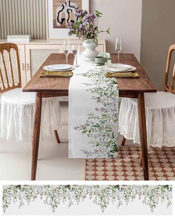 Botanical Eucalyptus Cotton Linen Table Runner for Dining Kitchen, Wedding Outdoor Party Tablerunners Decoration, Sage Green Leaves Elegant Floral Dresser Scarf Coffee Tablecloth Runners 13x36 Inches