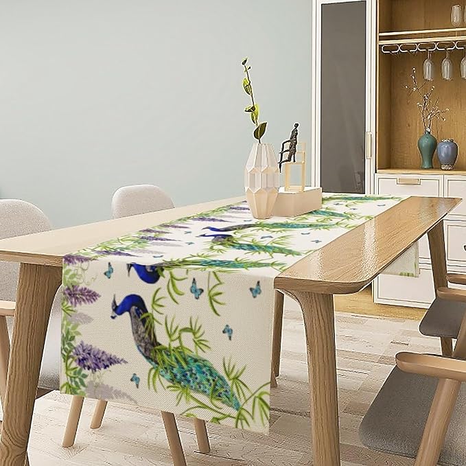 Peacock Table Runner,Spring Plant Butterfly Print Seasonal Table Runner for Home Kitchen Dining Party Indoor Outdoor Decoration 13x60 Inch