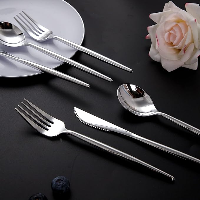 SUT 150Pcs Silver Plastic Silverware, Silver Disposable Cutlery, Heavy Duty Disposable Silverware, Plastic Utensils Include 50 Plastic Forks, 50 Plastic Spoons, 50 Plastic Knives