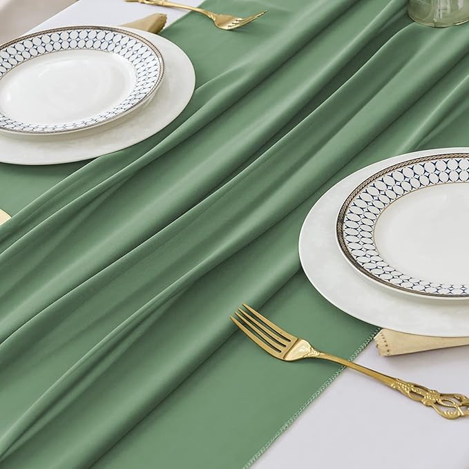 2 Pack 10 Ft Chiffon Table Runner Sage Green Gauze Long Table Runners 27x120 Inches Sheer Tulle Table Runner for Rustic Wedding Reception Bridal Shower Decorations Birthday Party
