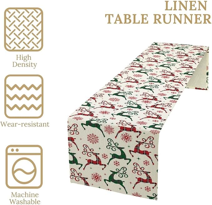 Christmas Table Runner,Christmas Plaid Deer Print Farmhouse Table Cloth Kitchen Dining Table Decoration for Home Party Decor 13x90 Inch