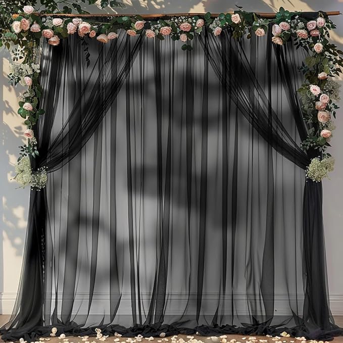 PARTISKY 20ft X 10ft Black Tulle Backdrop Curtain for Parites, Sheer Backdrop Curtains Fabric Drapes for Wedding Ceremony Arch Party Stage Decorations