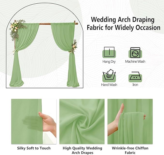 8 Panels Wedding Arch Draping Fabric 28" x 20Ft Wedding Arch Drapes Chiffon Fabric Drape Sheer Backdrop Curtain for Weddings Party Ceremony Birthday Arbor Drapery Reception Ceiling Décor(Sage Green)