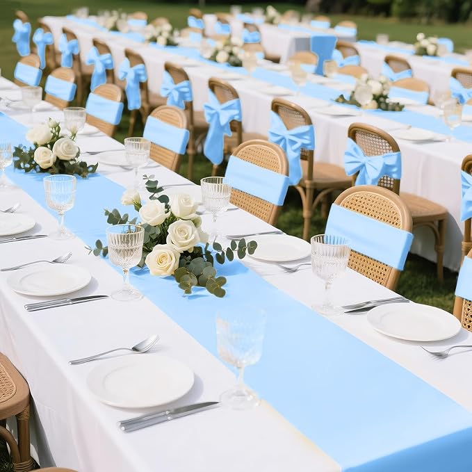 SHEJIZE 20 Pack Light Blue Satin Table Runner 12x108 Inches Long, Bright Silky Smooth Satin Table Runner Table Decor for Wedding Banquet Christmas Prom Event Birthday Party