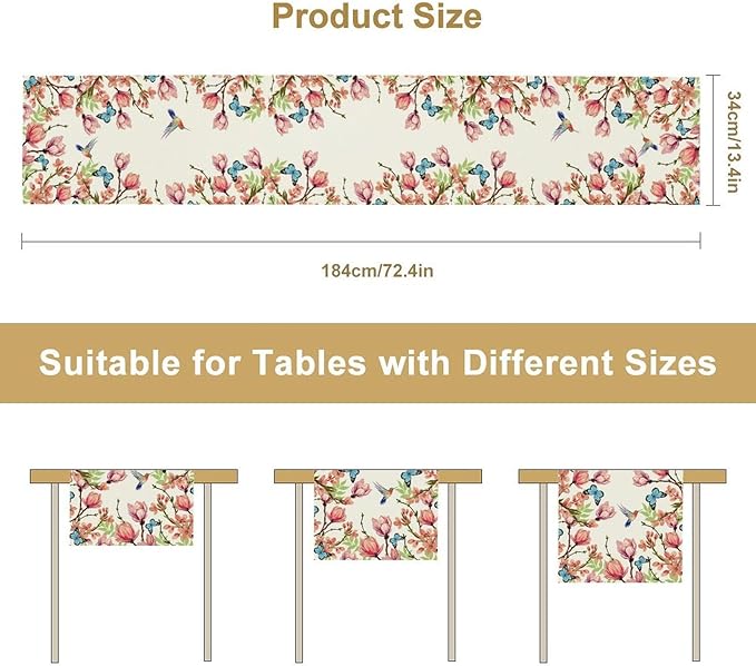 Flowers Table Runner,Floral Bird Butterfly Spring Table Cloth Kitchen Dining Table Home Party Decoration 13x36 Inch