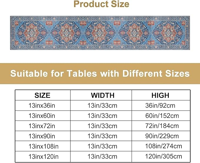 Boho Floral Vintage Table Runner, Retro Abstract Blue Flower Rustic Country Farmhouse Pattern for Home Kitchen Table Decor Dining Coffee Room Party Decor 13x120in