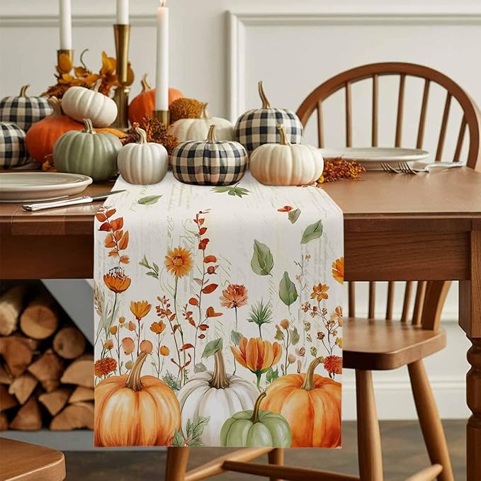 Fall Wildflowers Cotton Linen Table Runner for Dining Kitchen, Thanksgiving Pumpkin Outdoor Party Rustic Tablerunners Decoration, Botanical Floral Vintage Dresser Scarf Tablecloth Runners 13x48 Inches