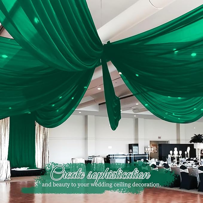 6 Panels Emerald Green Wedding Ceiling Drapes 5ftx20ft Ceiling Drapes Chiffon Fabric Arch Draping Sheer Curtains Soft Drapery Draping Wedding Ceiling Decorations for Party Ceremony Stage Swag