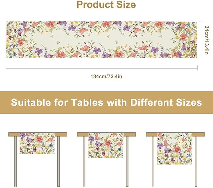 Floral Table Runner,Flowers Plant Print Spring Table Runner for Kitchen Dining Table Decoration for Home Party Decor 13x36 Inch