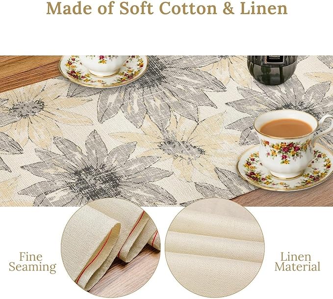 Chrysanthemum Vintage Floral Table Runner, Elegant Grunge Green Sunflower Spring Summer Elegant Pattern Artichokes Flower Table Runner for Party Kitchen Dining Living Room Decor, 13x70 Inch