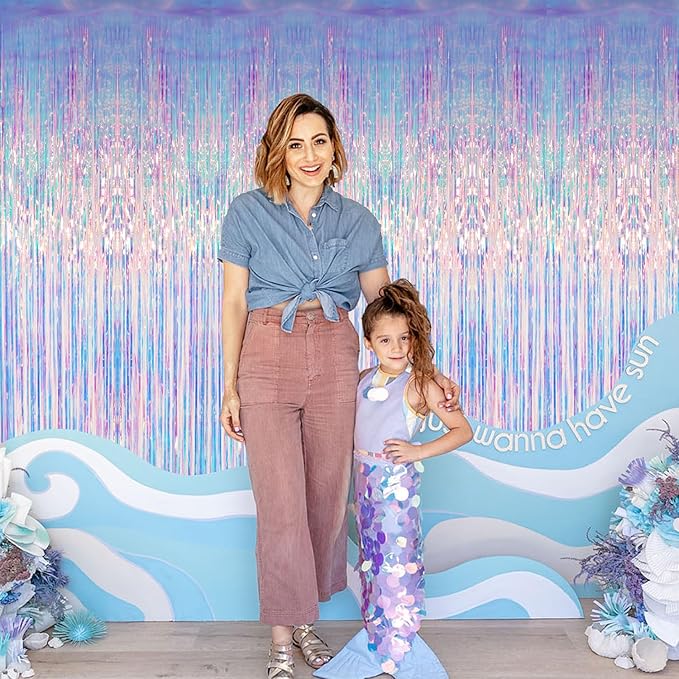 GOER 3.2 ft x 6.5 ft Metallic Tinsel Foil Fringe Curtains Photo Backdrop Party Streamers for Mermaid Birthday Party Decorations(3 Packs,Neon Blue)