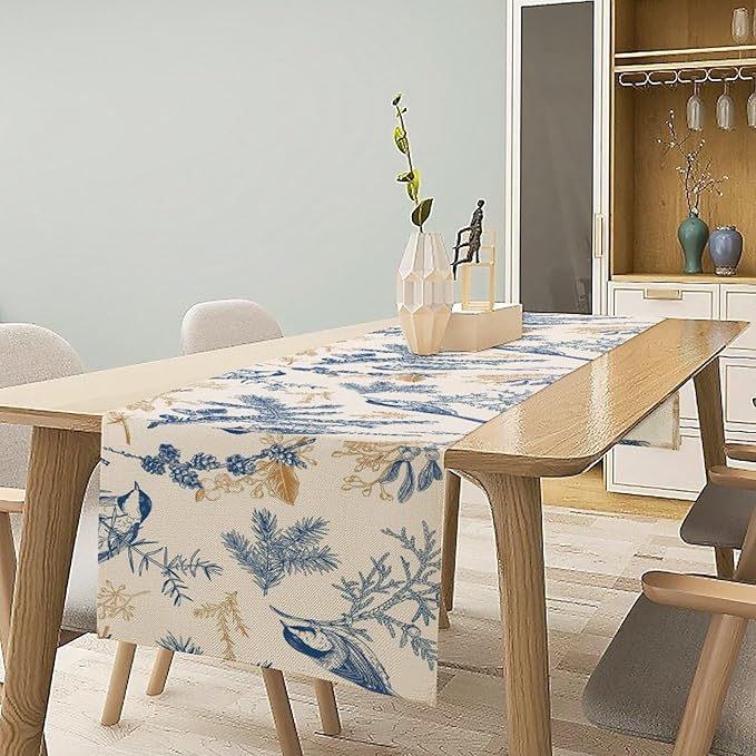 Floral Table Runner,Sketch Birds and Flowers Summer Table Runner Kitchen Dining Table Decoration for Home Party Decor 13x120 Inch